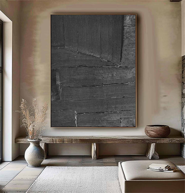 Large Black Abstract Painting Black wall art Black plaster art Black textured wall art 