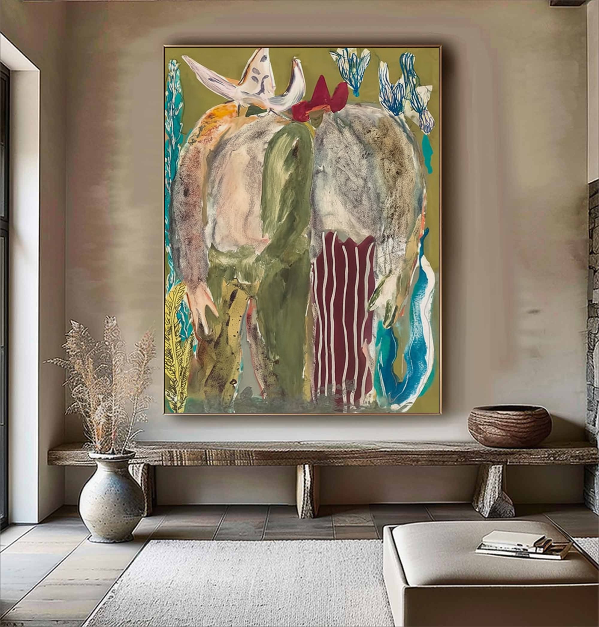 Retro Portrait Art Contemporary Folk Painting Bold Color Figurative Art