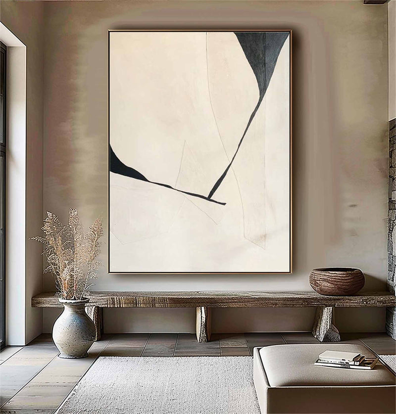 Beige Black Abstract Painting, Beige Minimalist Wall Art, Beige Wabi-sabi Wall Art, Large Beige Textured Painting