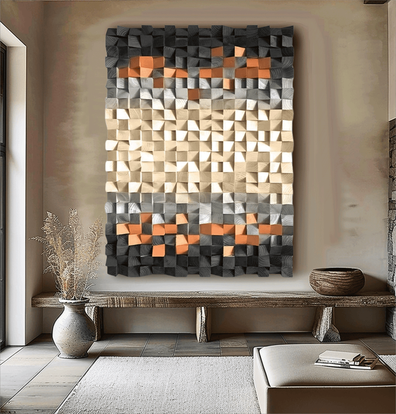 Geometric Wood Art Sculptured art Painting  sculpture Textured Wall Decor Wood Block Art Geometric Wood Wall Art