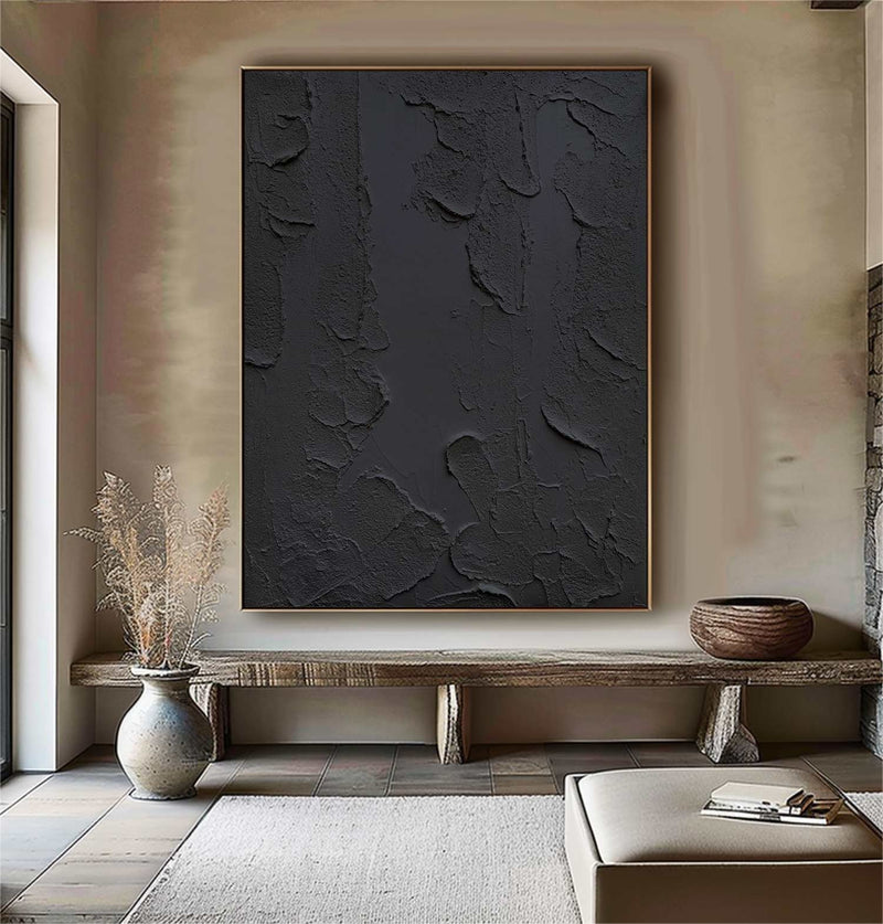 Black Wabi-Sabi Wall Art Black 3D Abstract Painting Black 3D Textured Painting Black plaster wall art