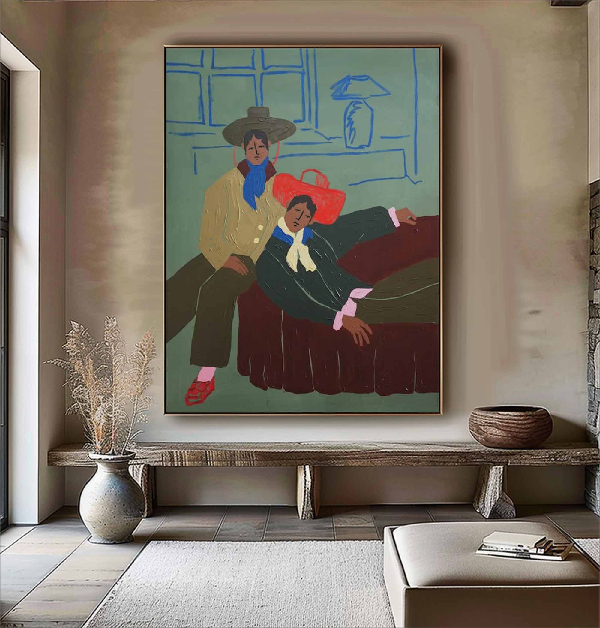 Bold Color Figurative Art folk art painting of two men in retro cowboy hats