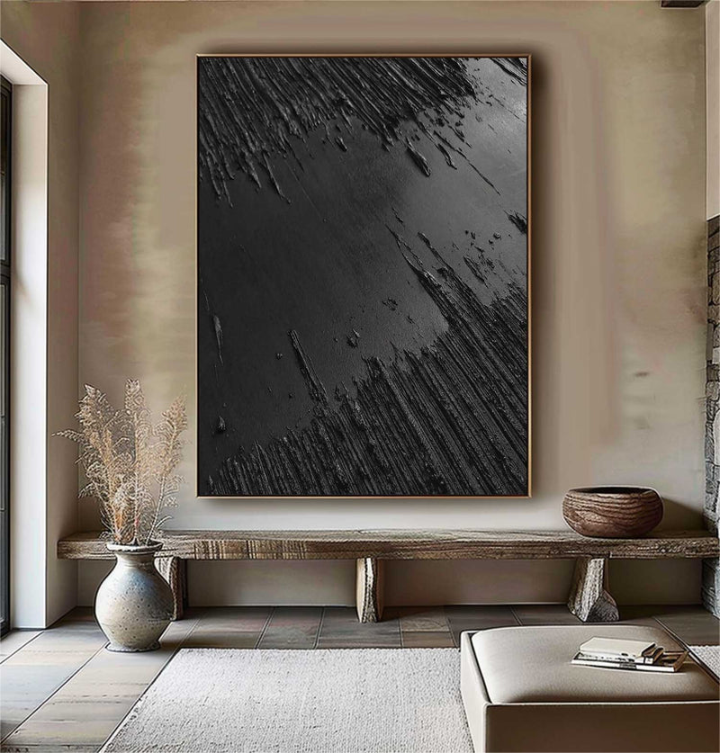 Large Black Abstract Painting Black wall art Black plaster art Black textured wall art 