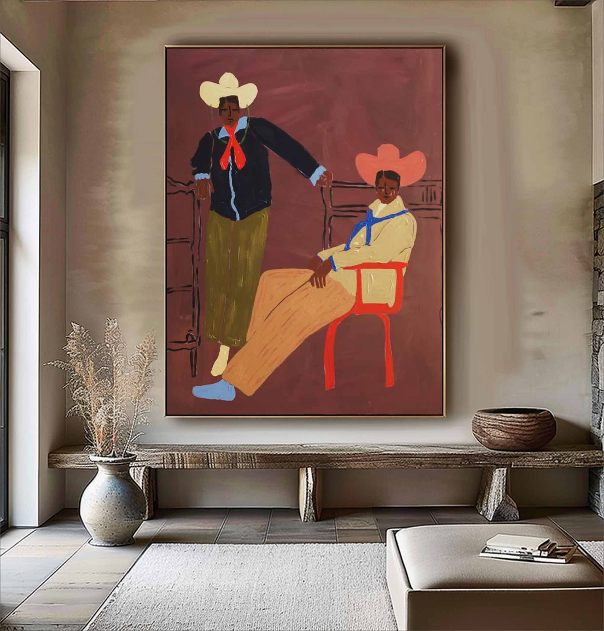 contemporary folk style male figure duo art Vintage Fashion Art