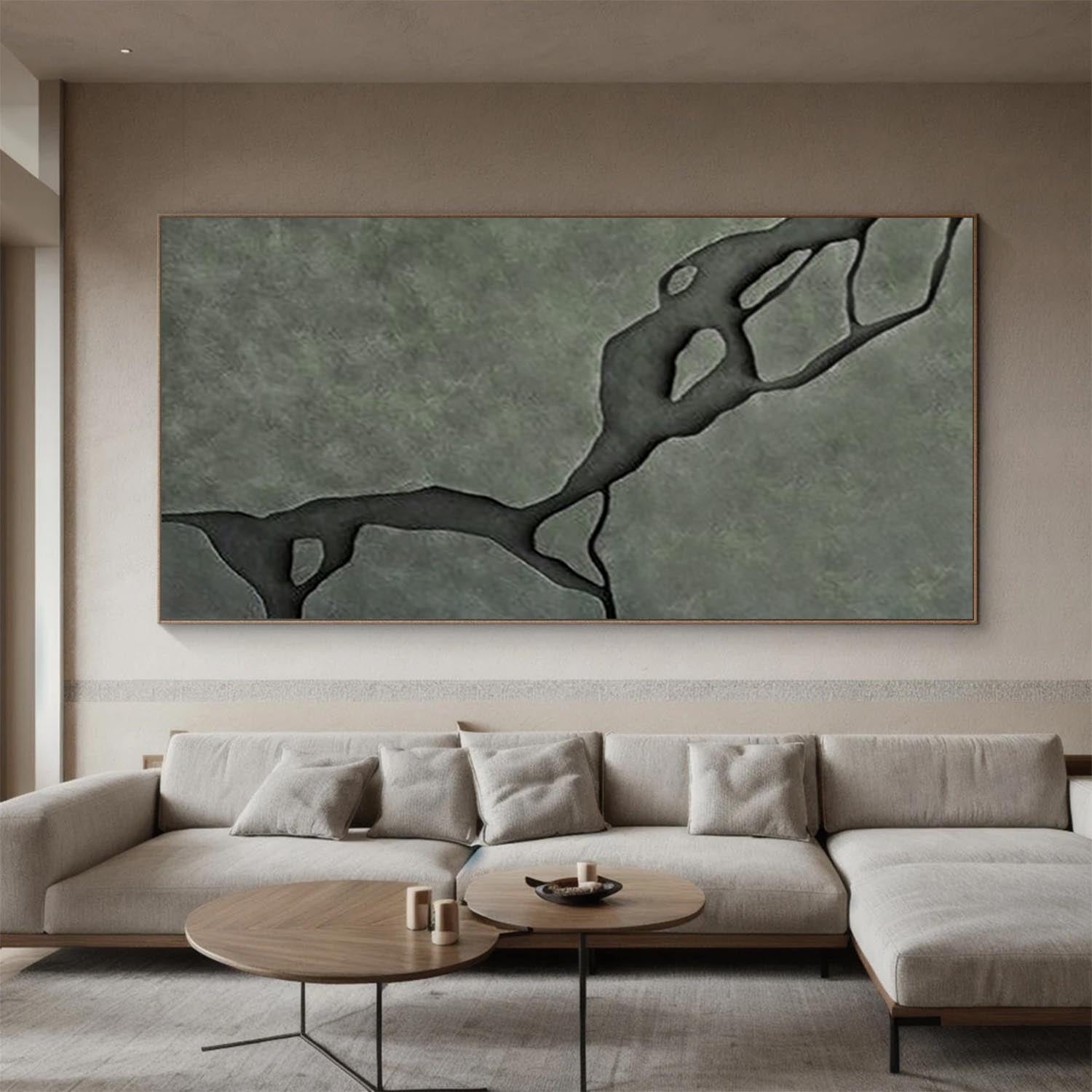 Modern Wood Carving Dark Green 3D Wood Wall Painting Abstract River Sculpture Art
