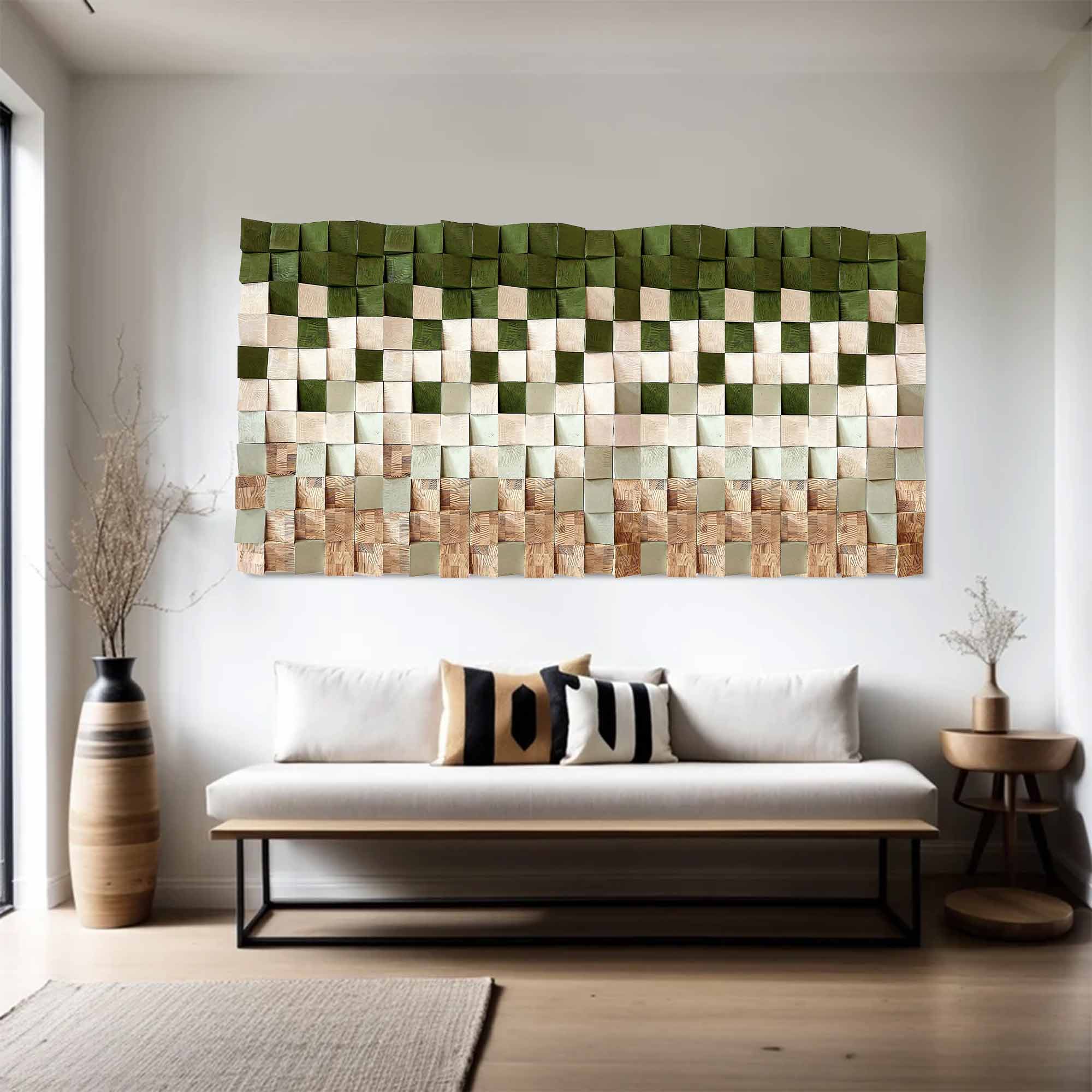 Green Geometric Wood Art Textured Wall Sculpture Wood carving wall art