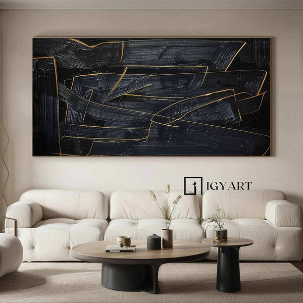 Large Black Abstract Painting Black and Gold abstract wall art Black and Gold Minimalist Painting