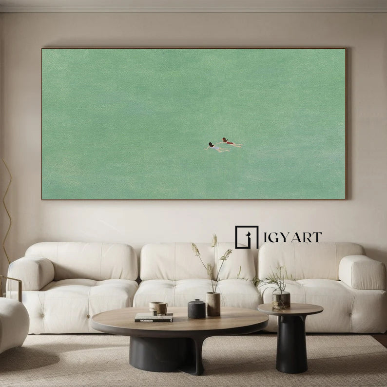 green abstract art two girls swimming painting green texture wall art