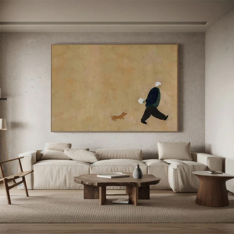 Man and Puppy Walking oil Painting Beige Minimalist Wall Art