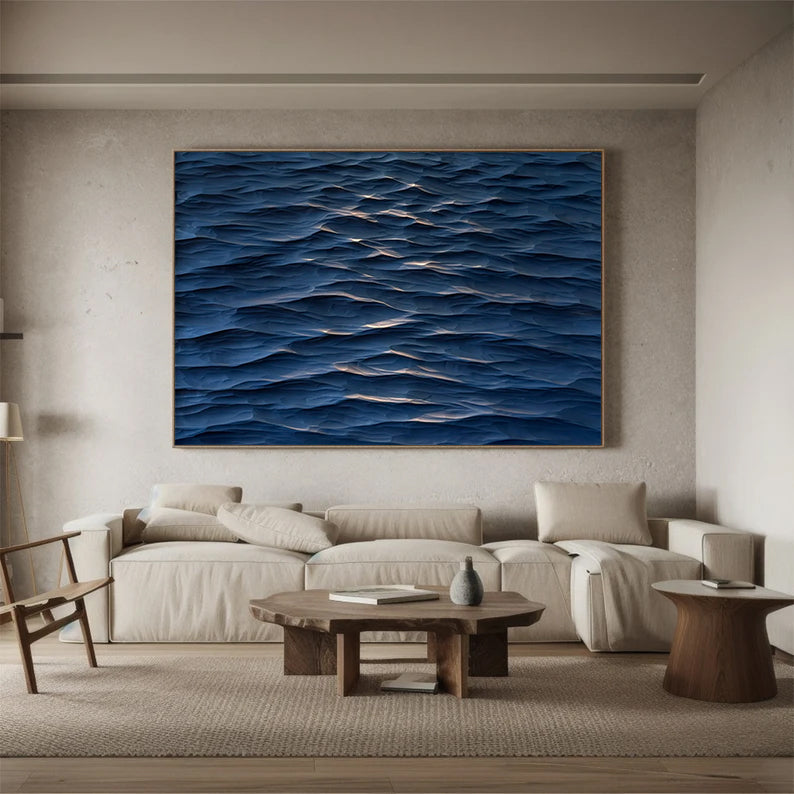 blue wave Wood Carving Wall Art: Abstract 3D Textured Sculpture art