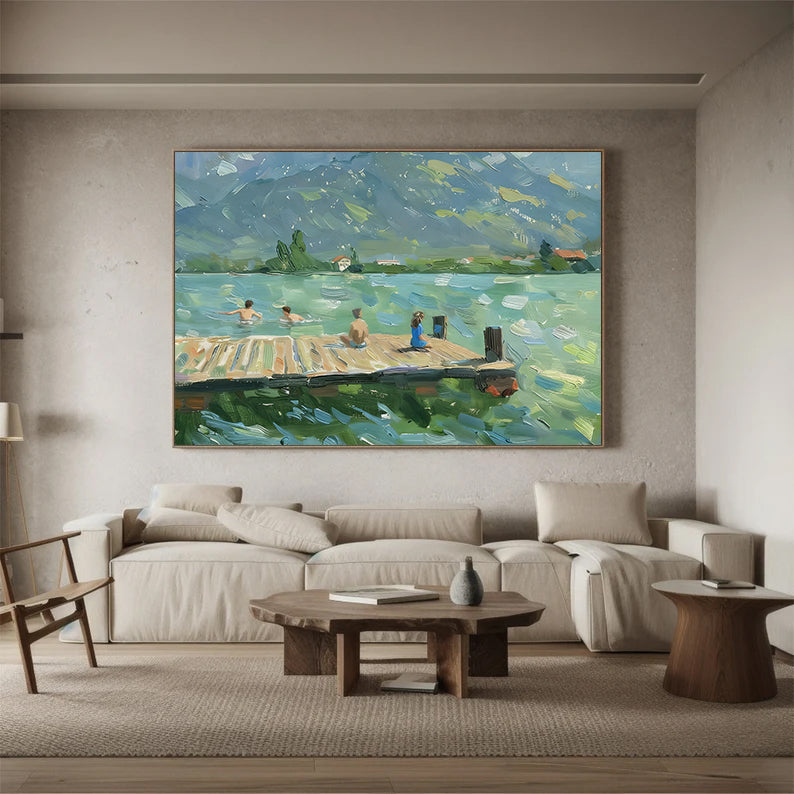 Family Summer lakeside landscape art green landscape abstract painting