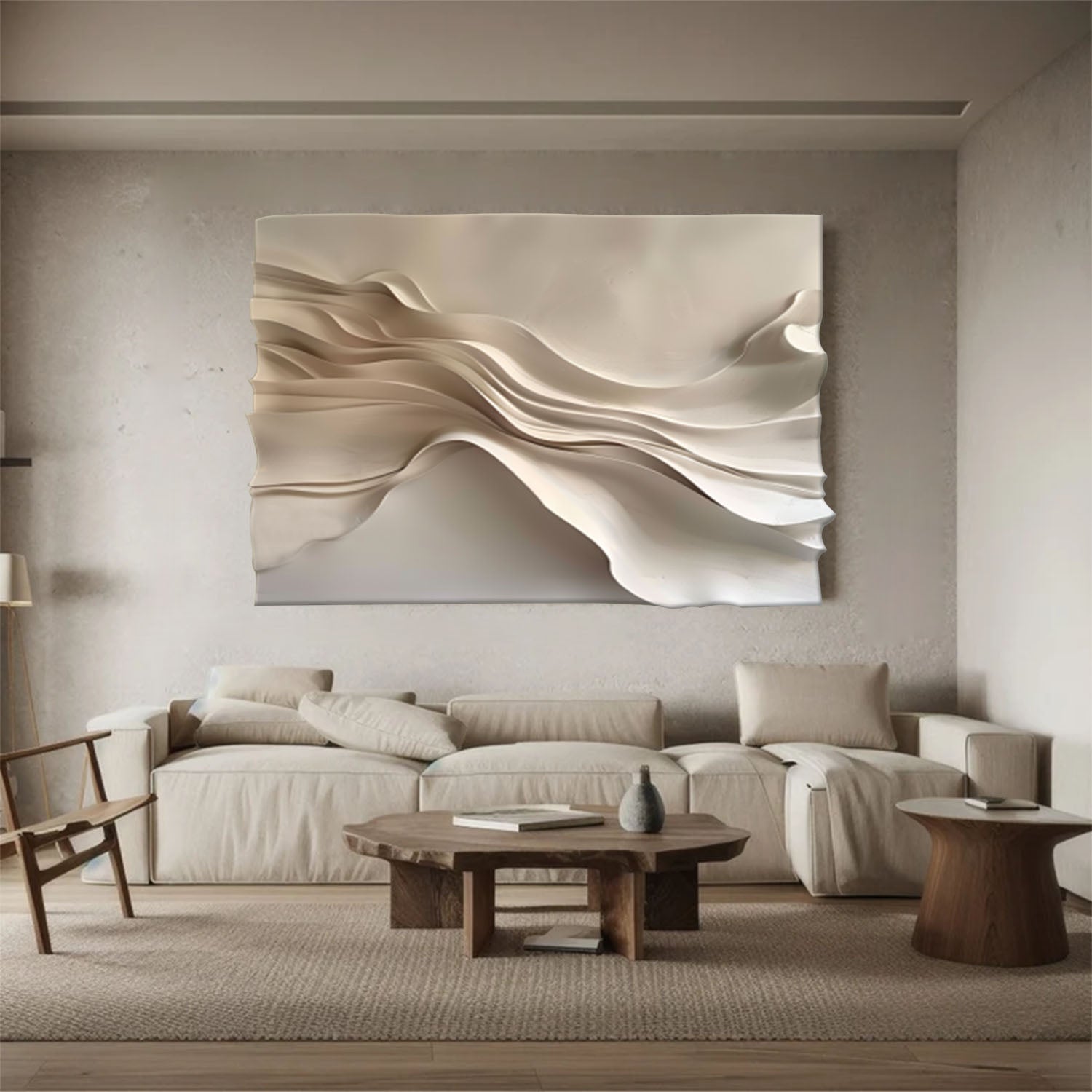 Beige 3D Textured Wall Art Grey Sculptured art Wood carving wall art 