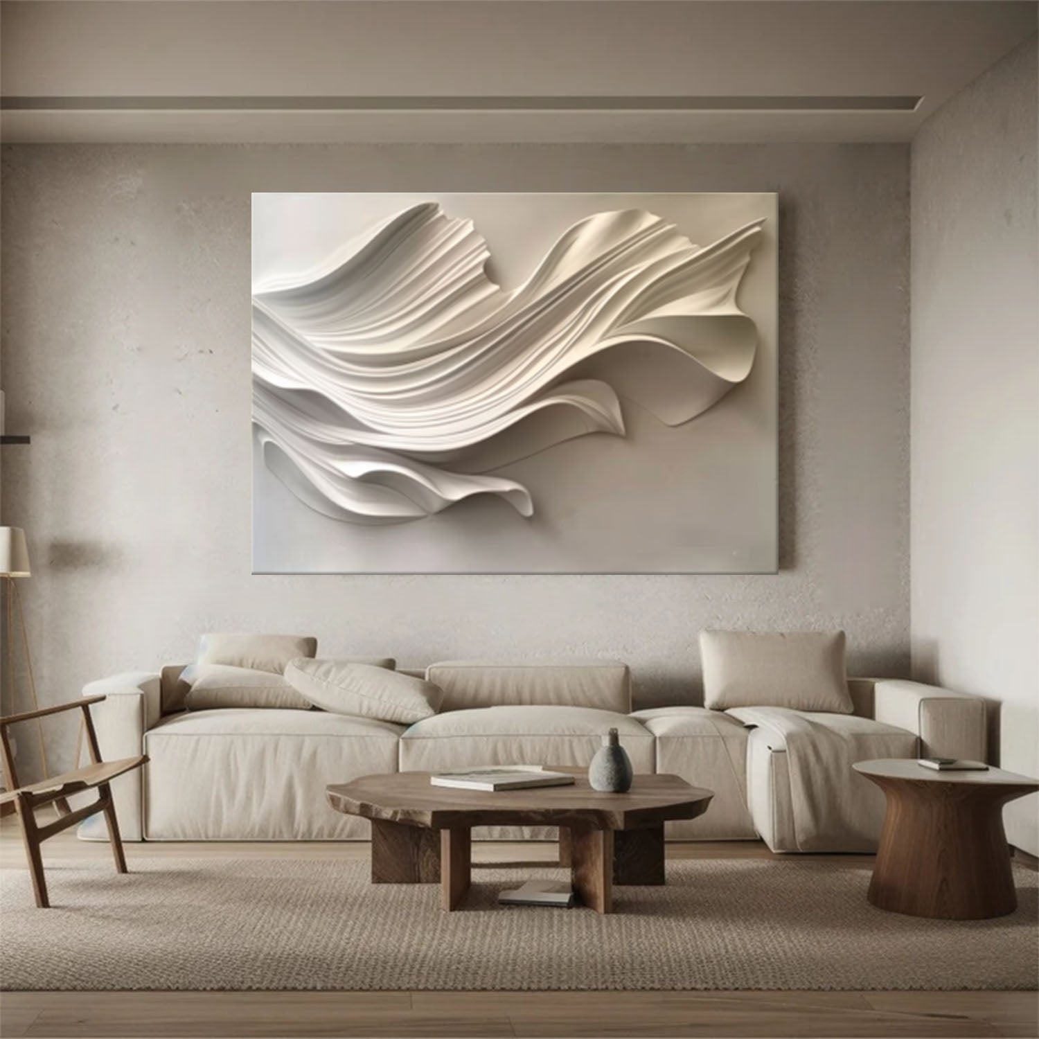 Wood carving wall art Beige Sculptured art Beige 3D Textured Wall Art
