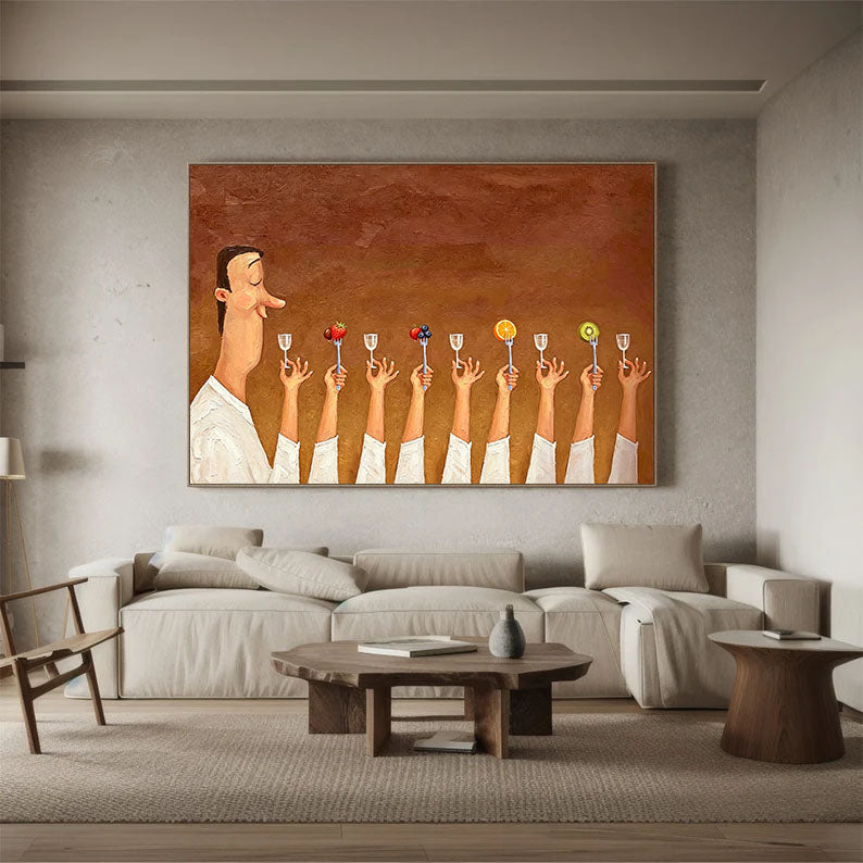 Humorous Kitchen Wall Art, Hand Painted Oil Painting, Large Wall Decor for Foodie Gift.