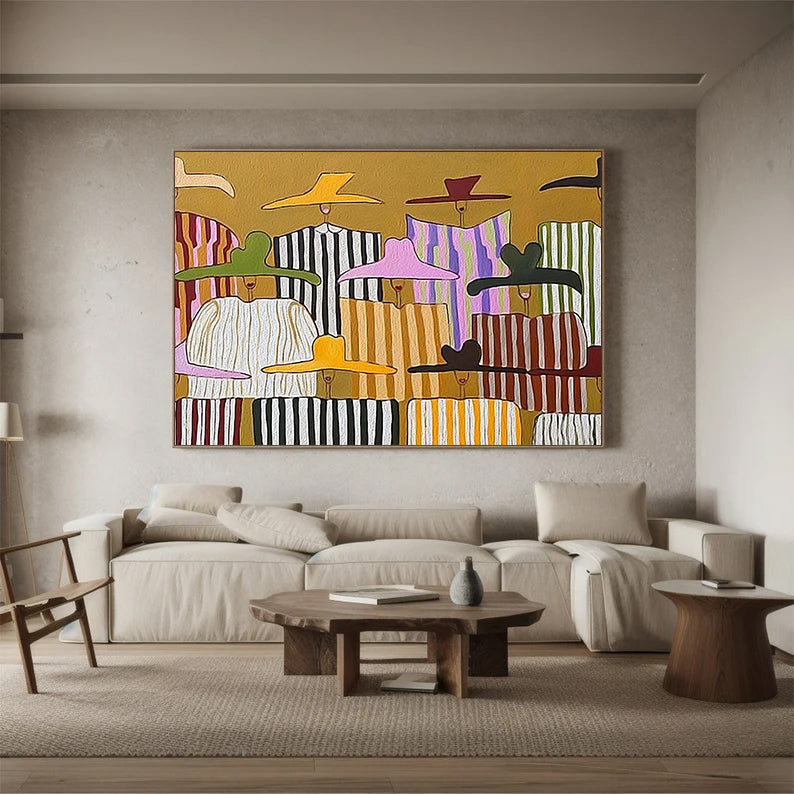 Large Abstract Pop Art Oil Painting for living room- Colorful Chic Ladies in Sun Hats 