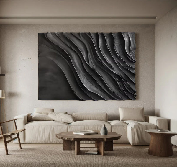Black 3D Textured Wall Art Black Sculptured art Wood carving wall art 