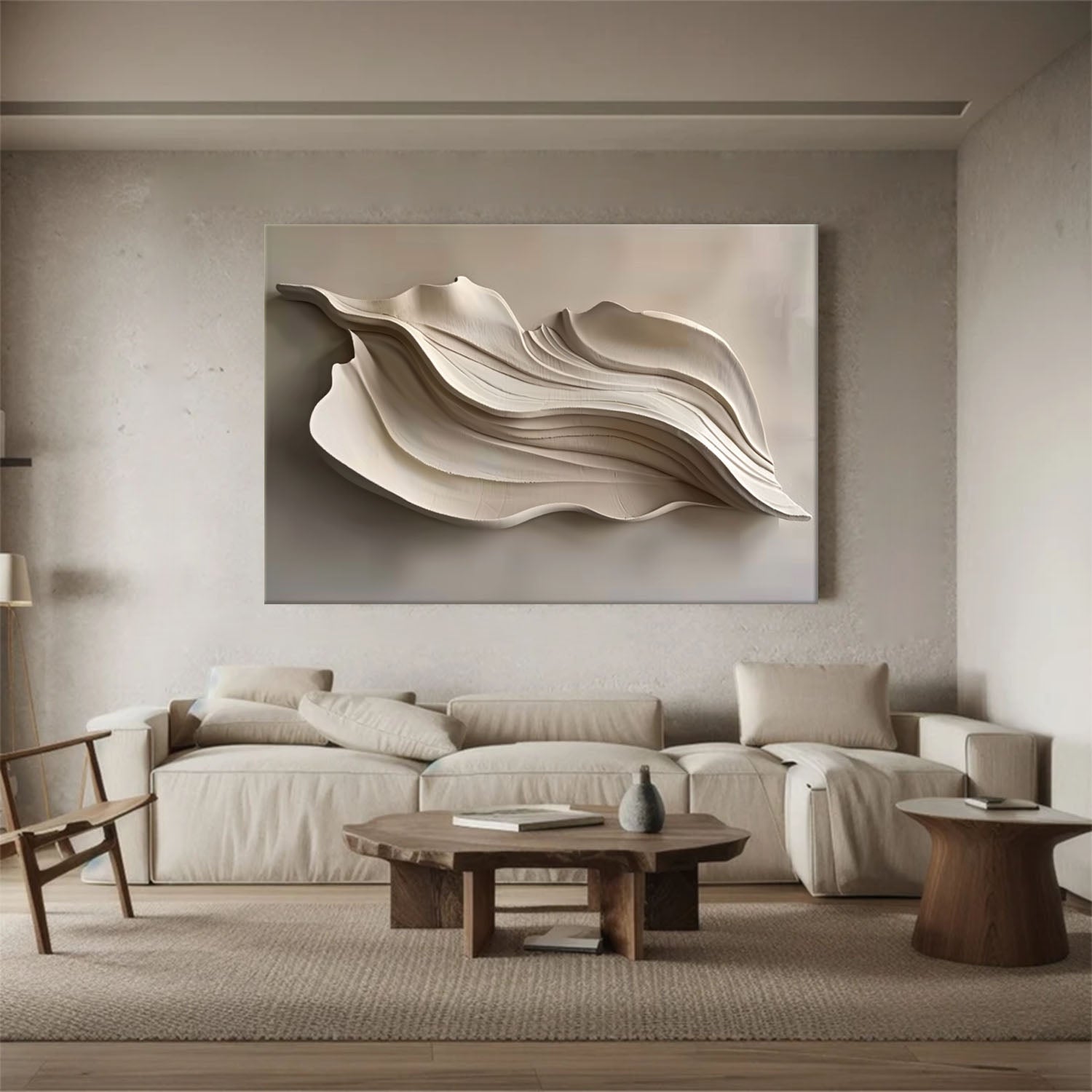 Grey Sculptured art Wood carving wall art Beige 3D Textured Wall Art
