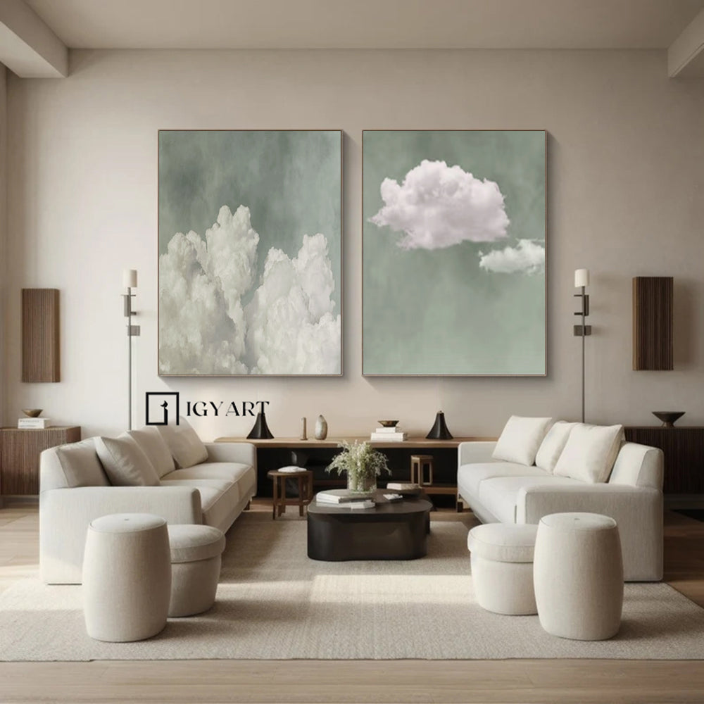 White cloud painting white cloud sky painting green abstract painting