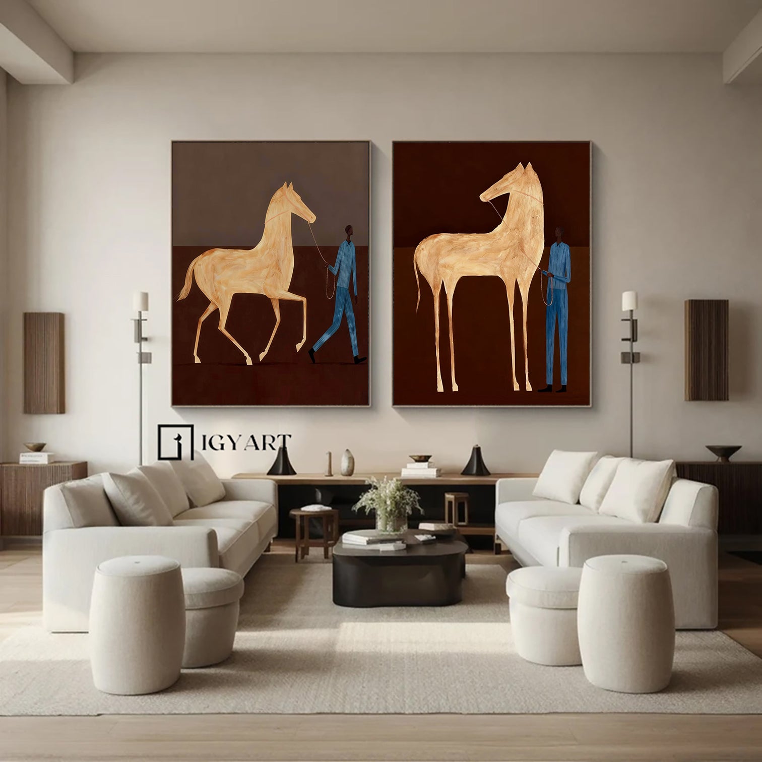 Set of 2 Earth Tone Decor Equestrian Wall Painting Man and Horse Painting