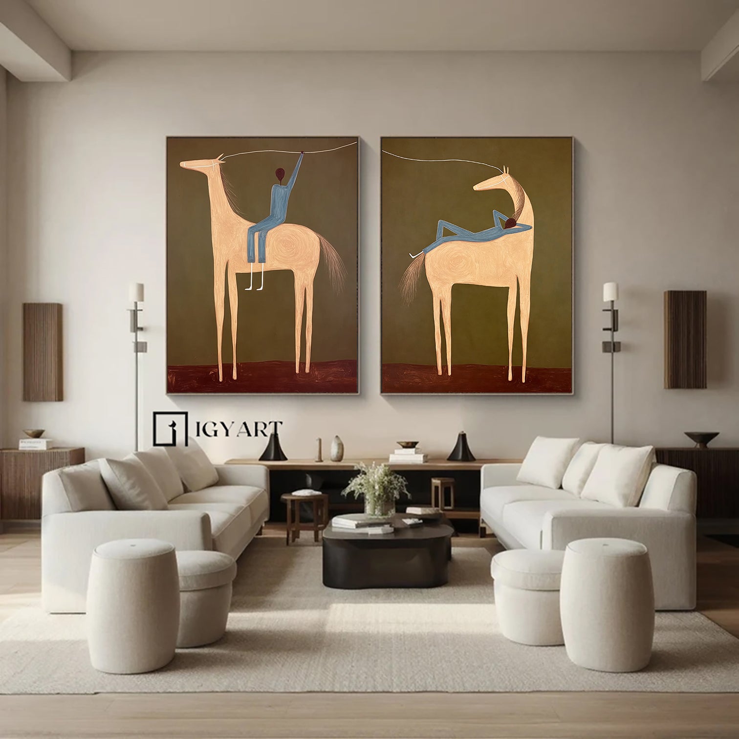 Set of 2 Equestrian Art Decor Earth Tone Minimalist Horse and Man Painting