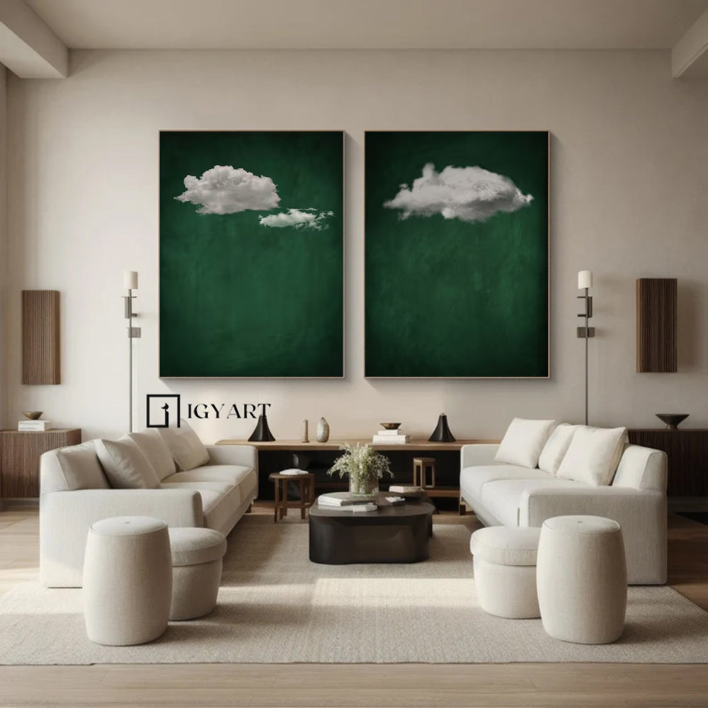 White cloud painting white cloud sky painting green abstract painting