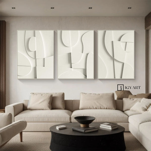 Set of 3 White Sculptured art Painting Set of 3 white textured Sculptured wall art Set of 3 white Wood carving wall art