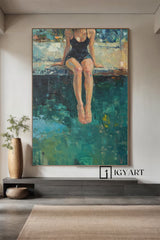 Woman by the pool canvas wall art impressionist oil painting relaxing summer tranquil art home decor