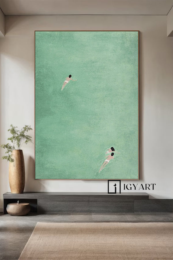 Family swimming painting,Swimming Drawing Large green wall art, Green Minimalist Painting, holiday style wall art