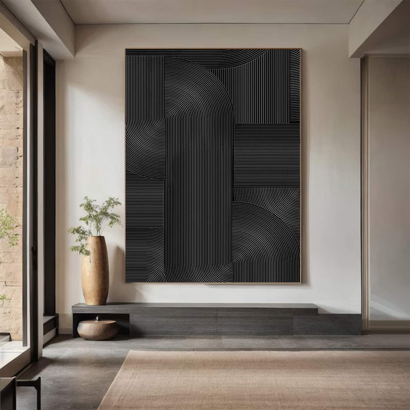 Large Black Abstract Painting Black wall art Black plaster art Black textured wall art 