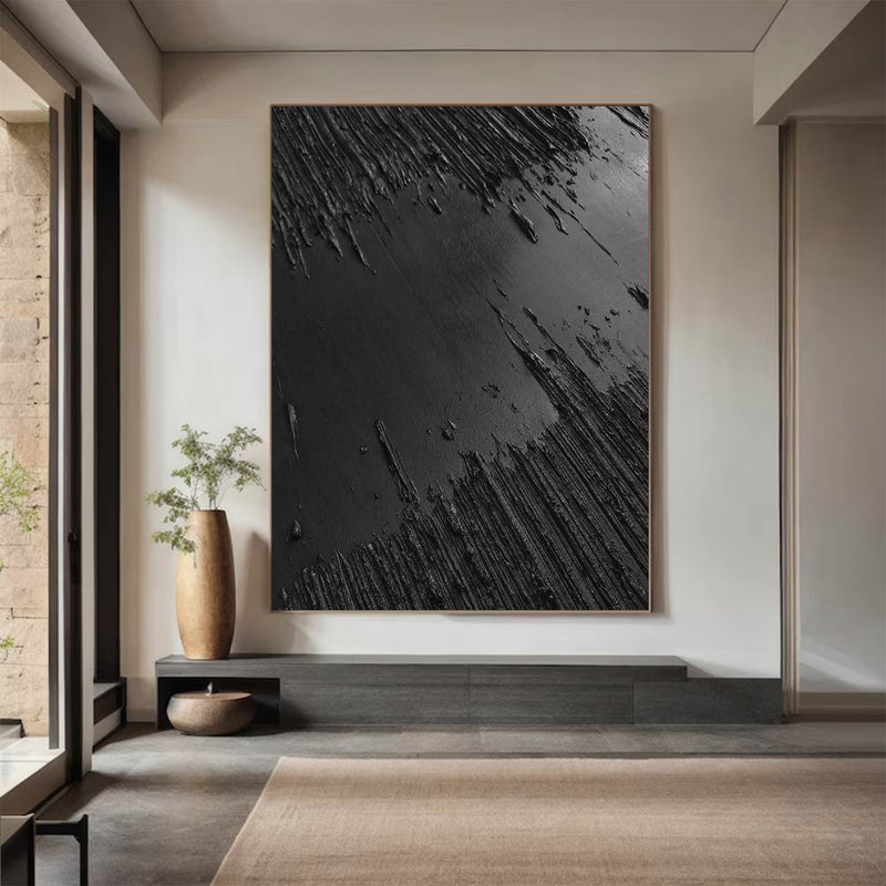 Large Black Abstract Painting Black wall art Black plaster art Black textured wall art 