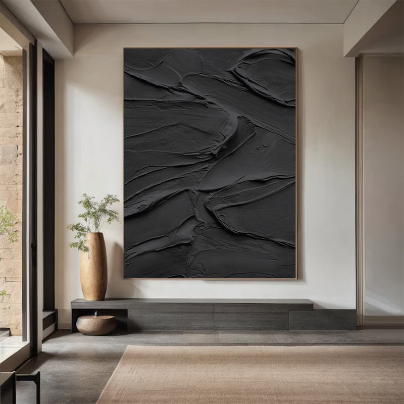 Black 3D Textured Painting Black 3D Minimalist Painting Large Black Abstract Painting