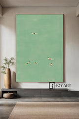 Family swimming painting,Swimming Drawing Large green wall art, Green Minimalist Painting, holiday style wall art