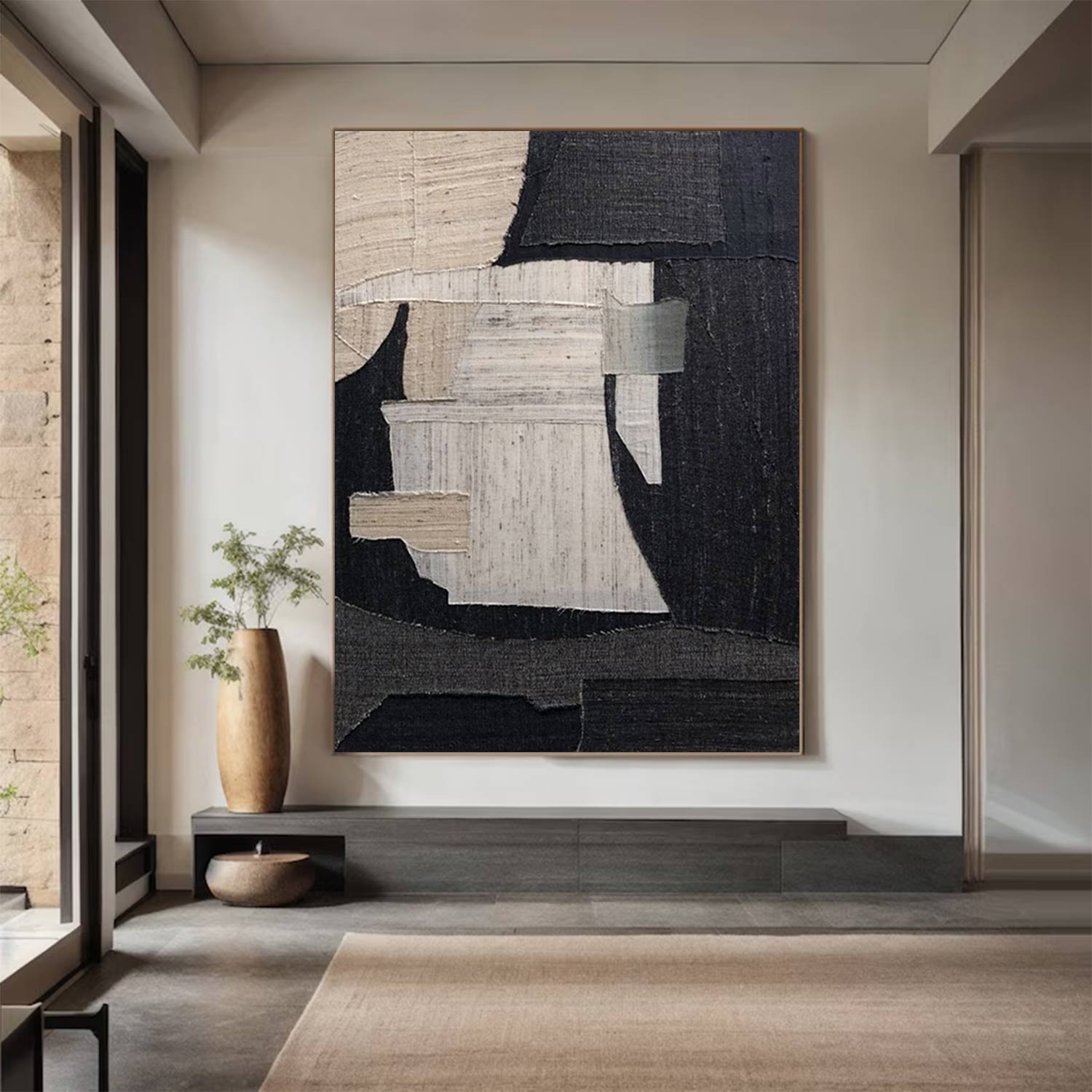 Large Black and Beige Textured wall art Black and Beige abstract art