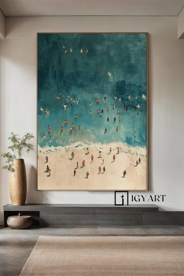 Tiny People Swimming in Ocean Hand-painted oil painting, swimming painting Summer Poster, Beach House Decor