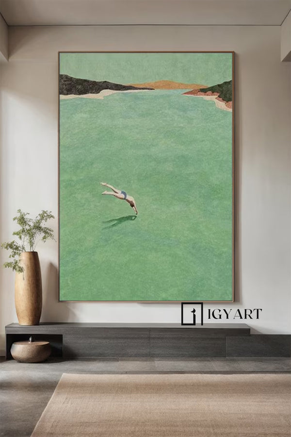 A man Diving Swimming Drawing Diving Swimming Drawing Large green wall art swimming painting holiday style wall art