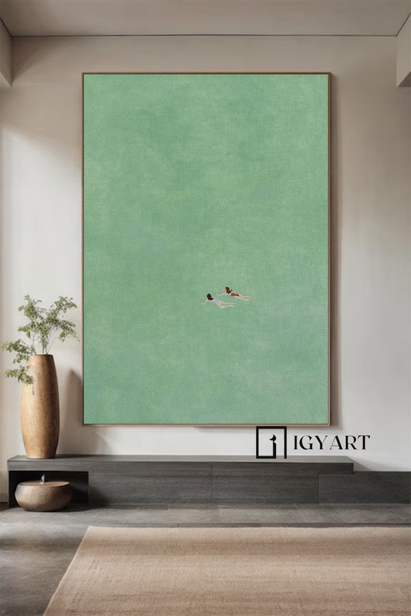 two girls swimming painting,Swimming Drawing Large green wall art, Green Minimalist Painting, holiday style wall art