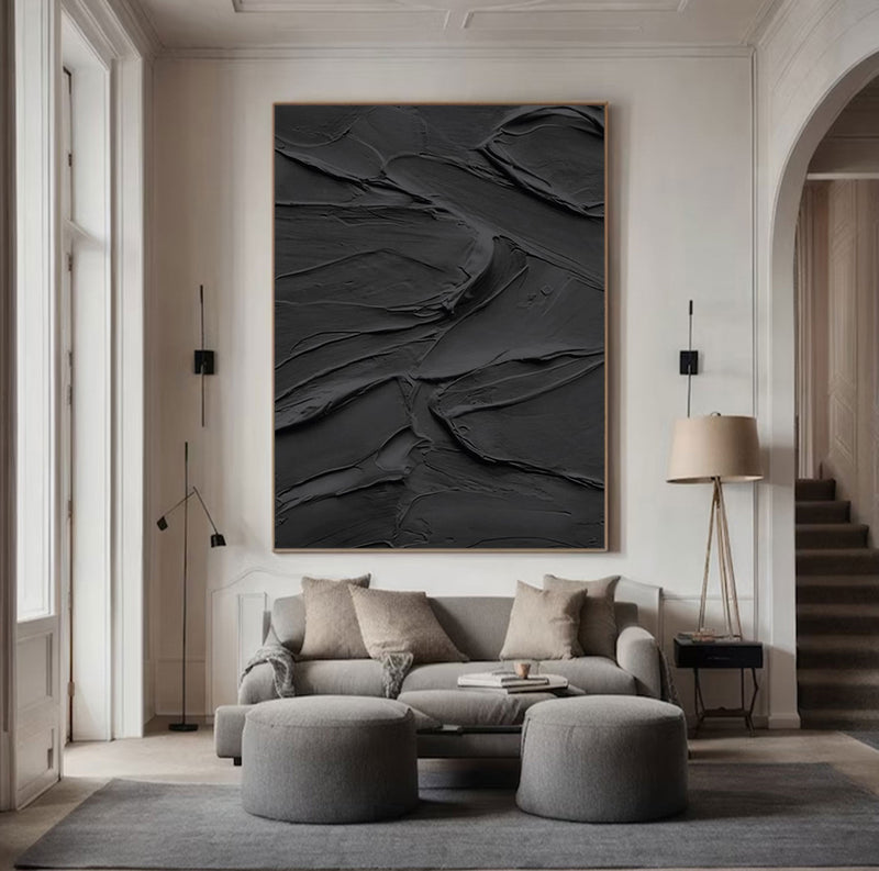 Black 3D Textured Painting Black 3D Minimalist Painting Large Black Abstract Painting