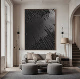 Large Black Abstract Painting Black wall art Black plaster art Black textured wall art 