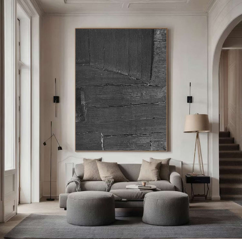 Large Black Abstract Painting Black wall art Black plaster art Black textured wall art 