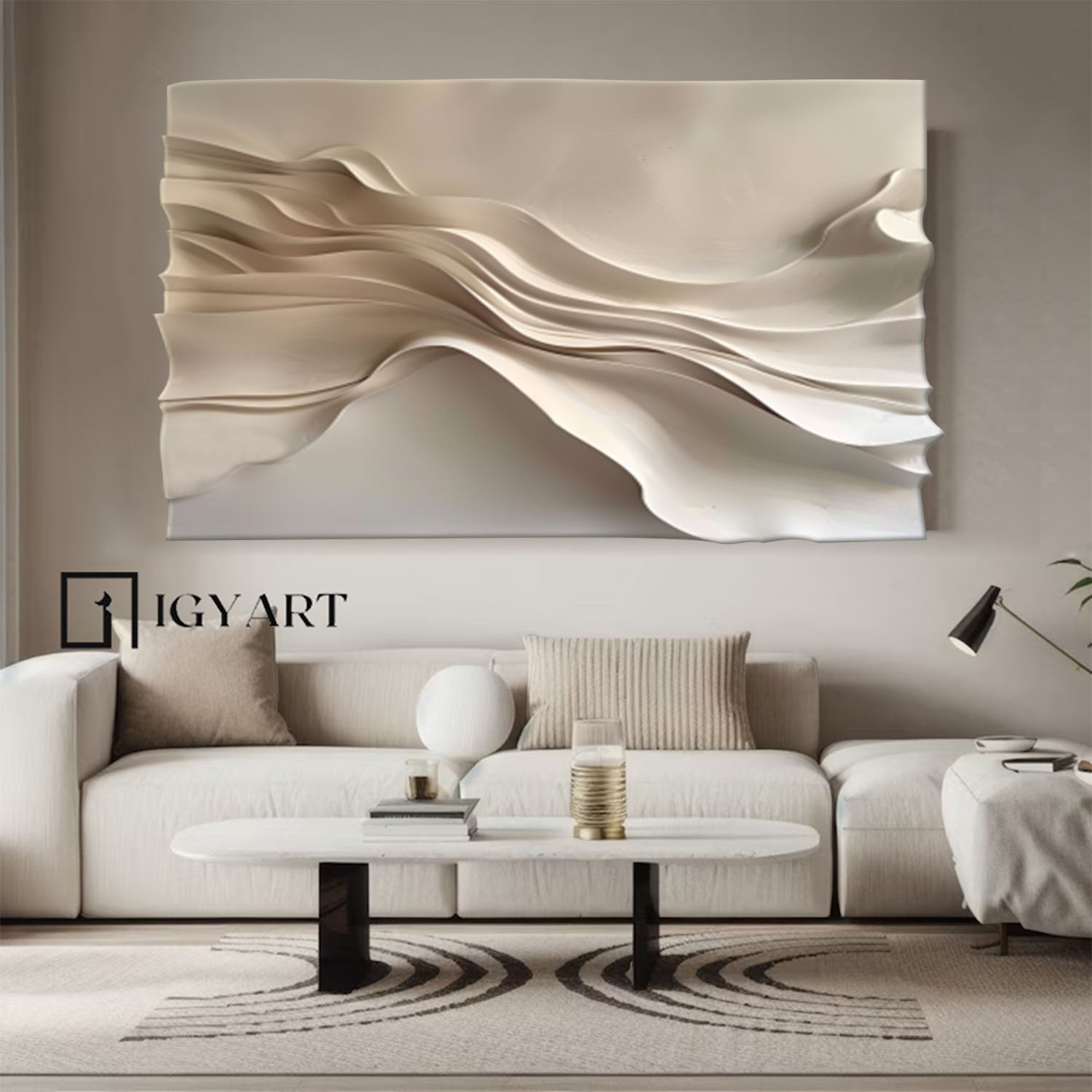 Beige 3D Textured Wall Art Grey Sculptured art Wood carving wall art 