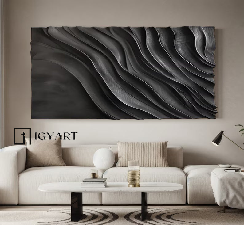 Black 3D Textured Wall Art Black Sculptured art Wood carving wall art 