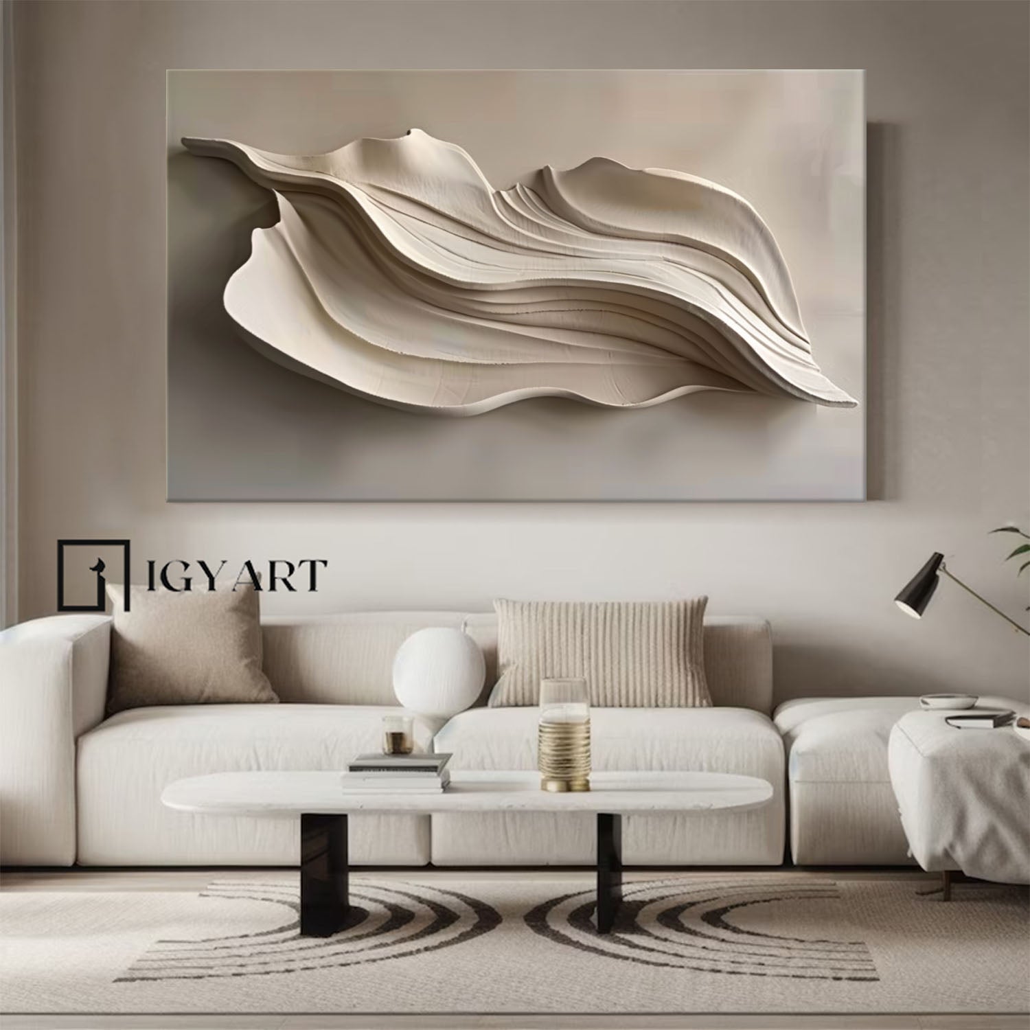 Grey Sculptured art Wood carving wall art Beige 3D Textured Wall Art