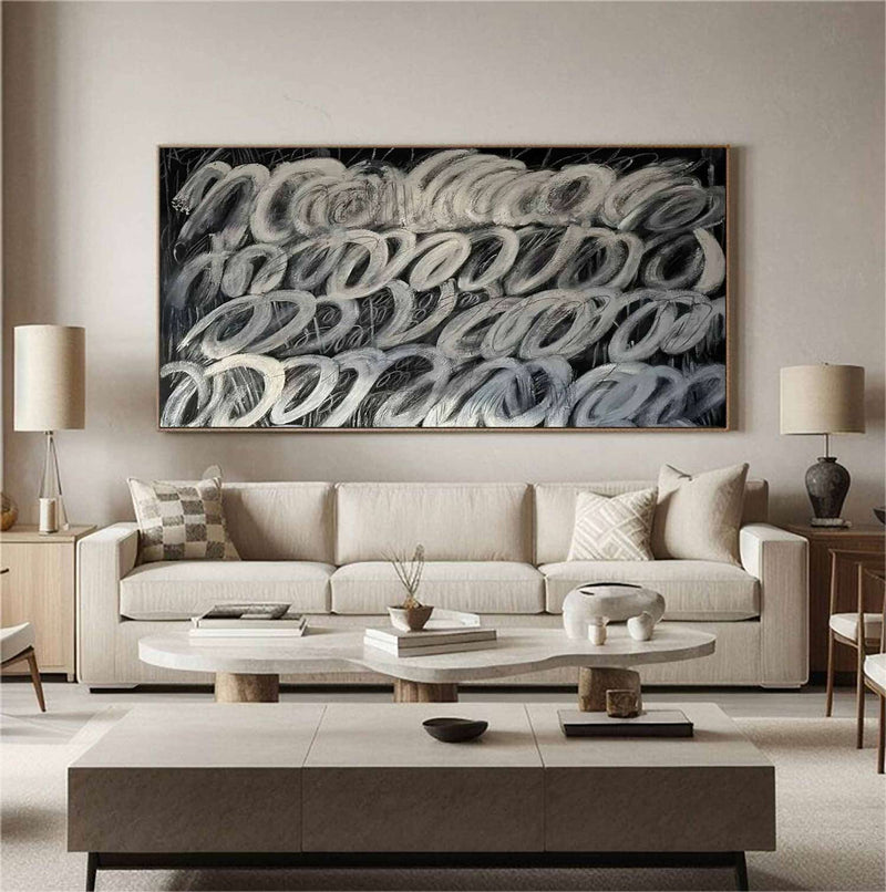 Large Black Abstract Painting Black abstract wall art Black and White Abstract Line Painting Black Minimalist Painting