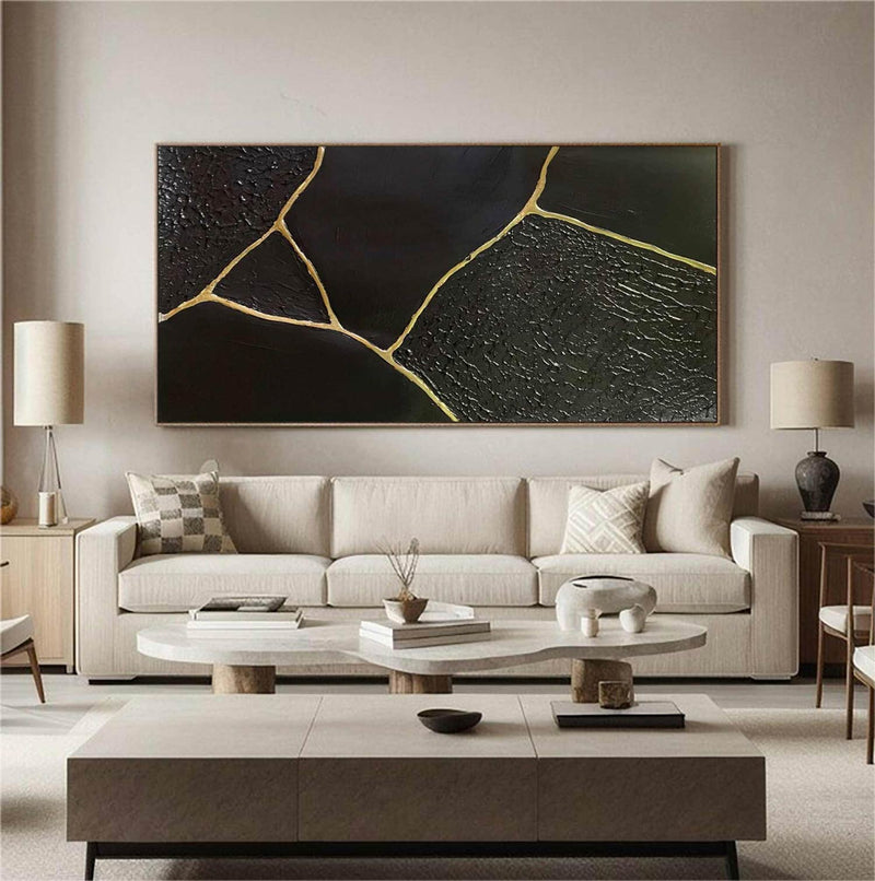 Large Black Abstract Painting Black and Gold abstract wall art Black and Gold Minimalist Painting