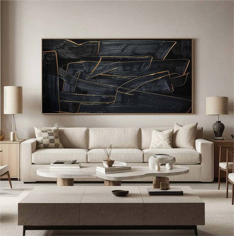 Large Black Abstract Painting Black and Gold abstract wall art Black and Gold Minimalist Painting