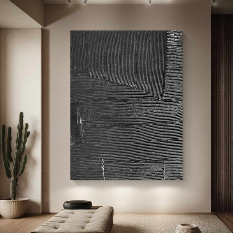 Large Black Abstract Painting Black wall art Black plaster art Black textured wall art 