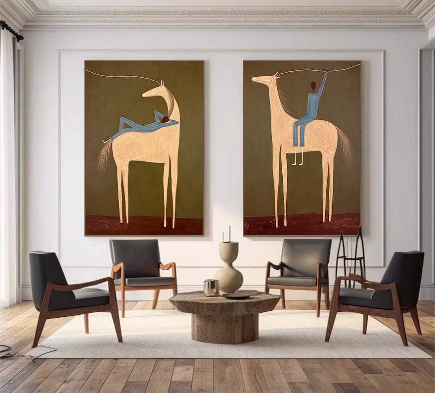 Set of 2 Equestrian Art Decor Earth Tone Minimalist Horse and Man Painting