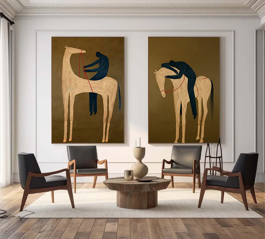 Set of 2 Equestrian Art Decor Minimalist Horse and Man Painting