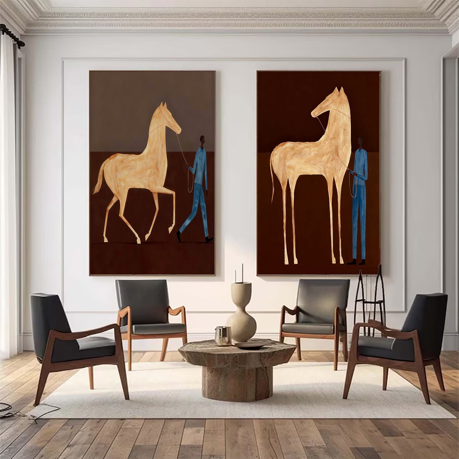 Set of 2 Earth Tone Decor Equestrian Wall Painting Man and Horse Painting