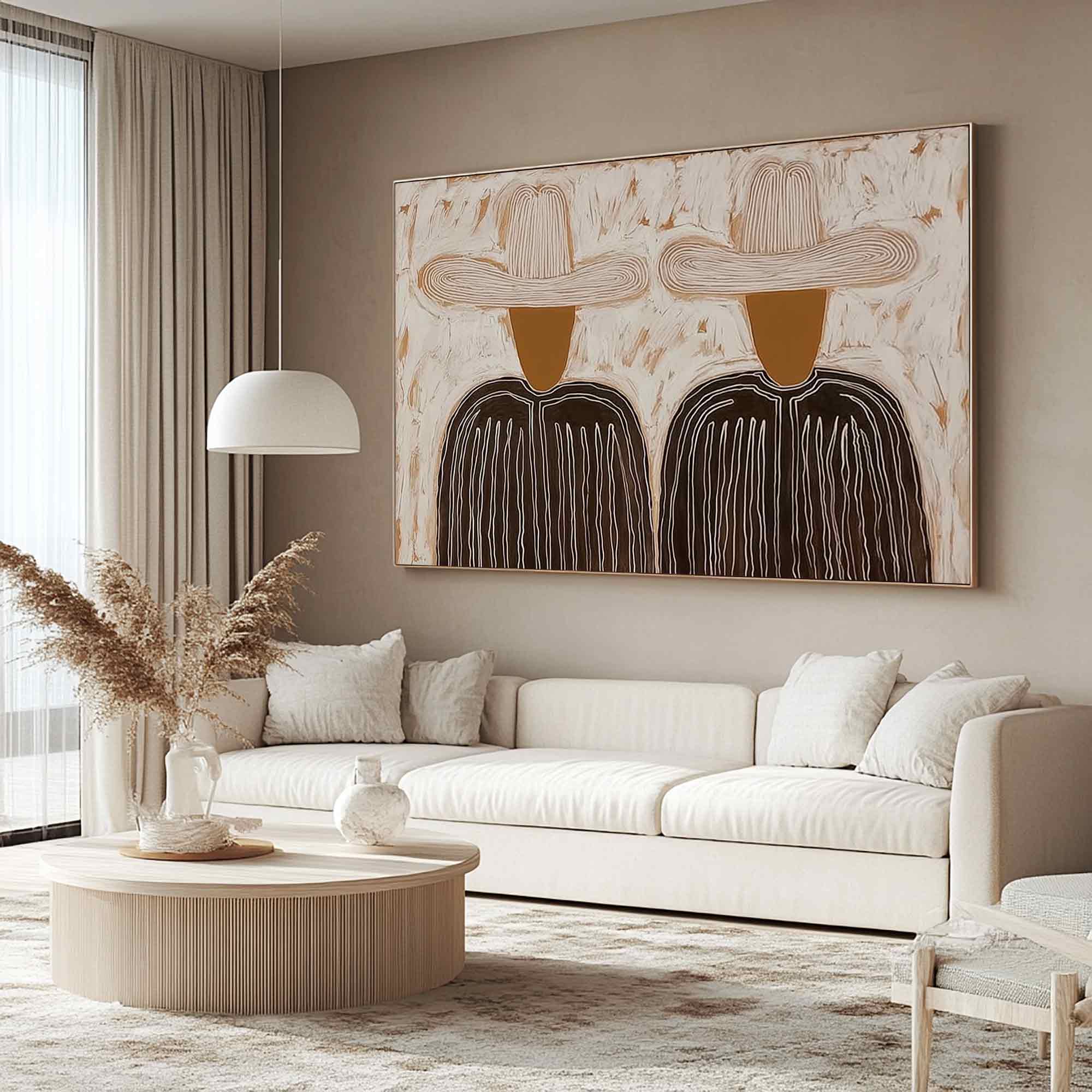 Minimalist character abstract art two cowboys with hats canvas painting